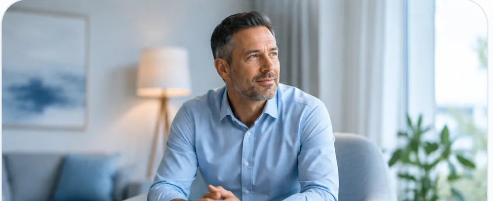 Man in a calm blue-toned setting representing support for behavioural and process addictions